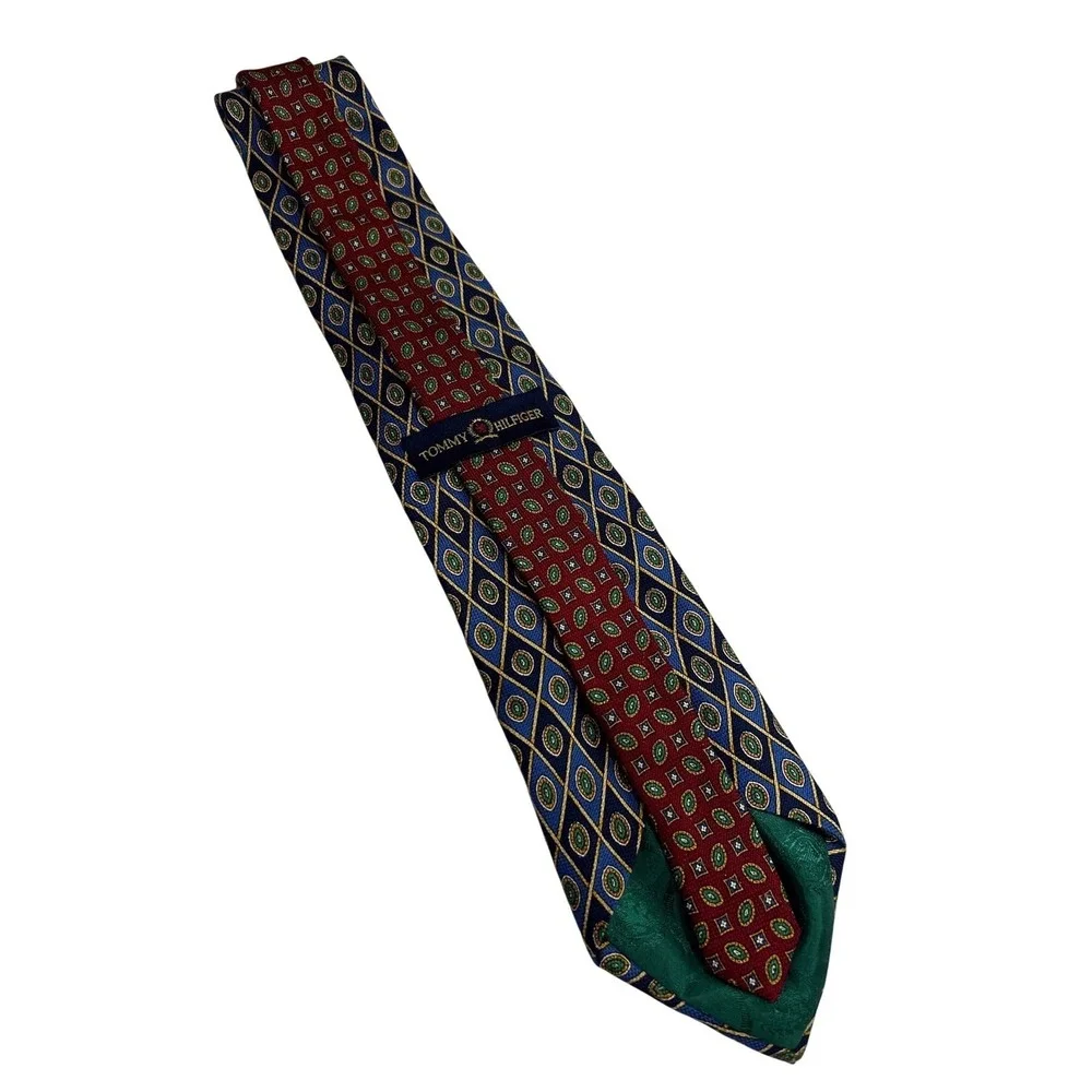 Tommy Hilfiger Silk Tie Mens OS Blue Geometric Diamond Medallion Made in USA A54